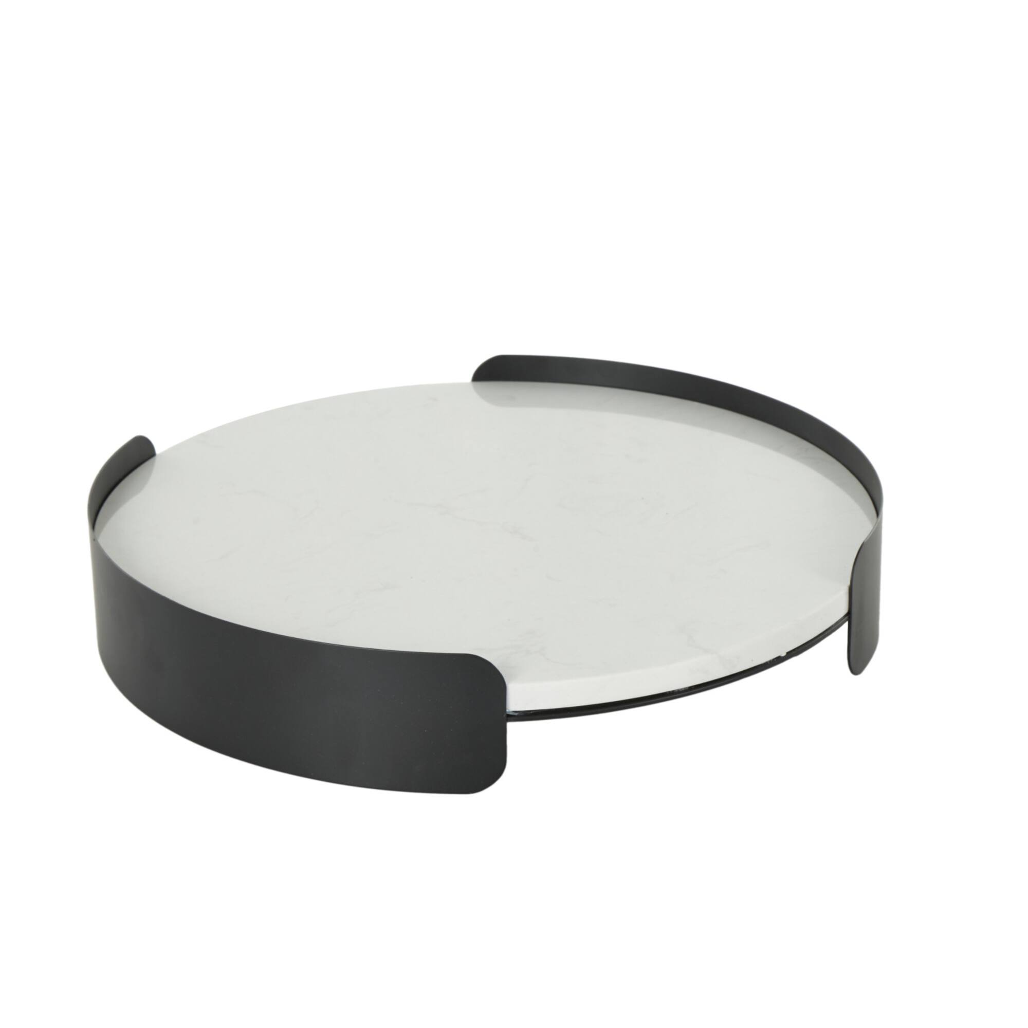 15.75" White Marble Round Living Room Décor Tray with Black Metal Frame